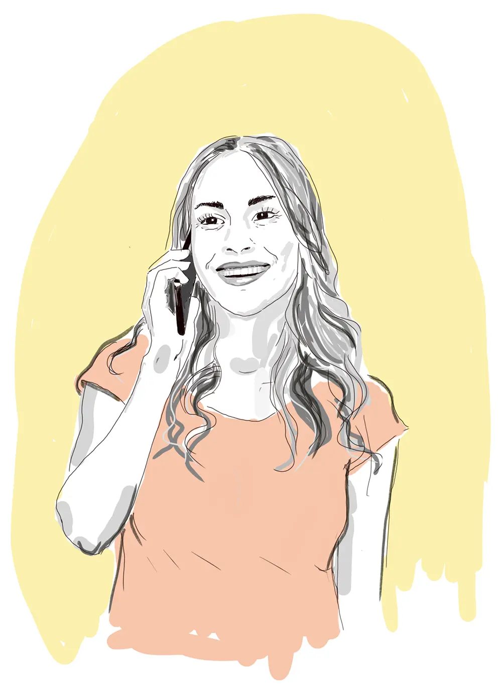 Zeichnung einer fröhlichen Frau die ein Smartphone am Ohr hält. Sie kontaktiert das Team der GfG Akademie um sich über Weiterbildungen zu informieren